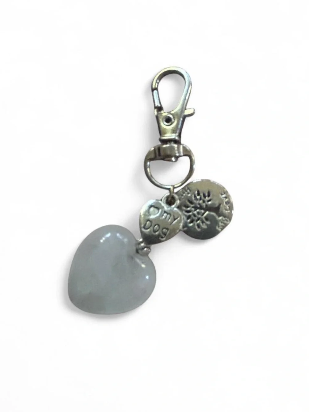 Pale Green Heart Keychain Charm with “My Love.. Dog & Family”